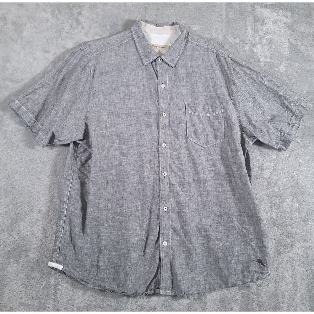 Tommy Bahama Shirt Mens XL Gray Linen Button Up‎ Short Sleeve Camp Marlin Grey
